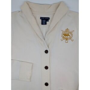 Ralph Lauren Sweater Women Large Cream Cardigan Crest Button Up Shawl‎ *STAIN*